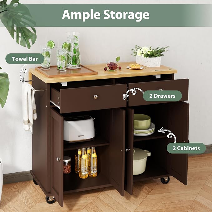 JY QAQA 39" Kitchen Island on Wheels with Storage Cabinet Kitchen Cart Cabinet with Shelves, Cart Handle for Towel Rack or Free Mobility, Portable Islands for Kitchen, Brown