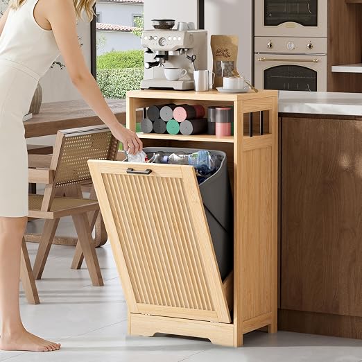 13 Gallon Tilt Out Trash Can Cabinet with Open Shelf & Storage - Pet Proof Hidden Recycling Cabinet & Wooden Laundry Hamper for Kitchen, Bathroom, Living Room,Natural Wood