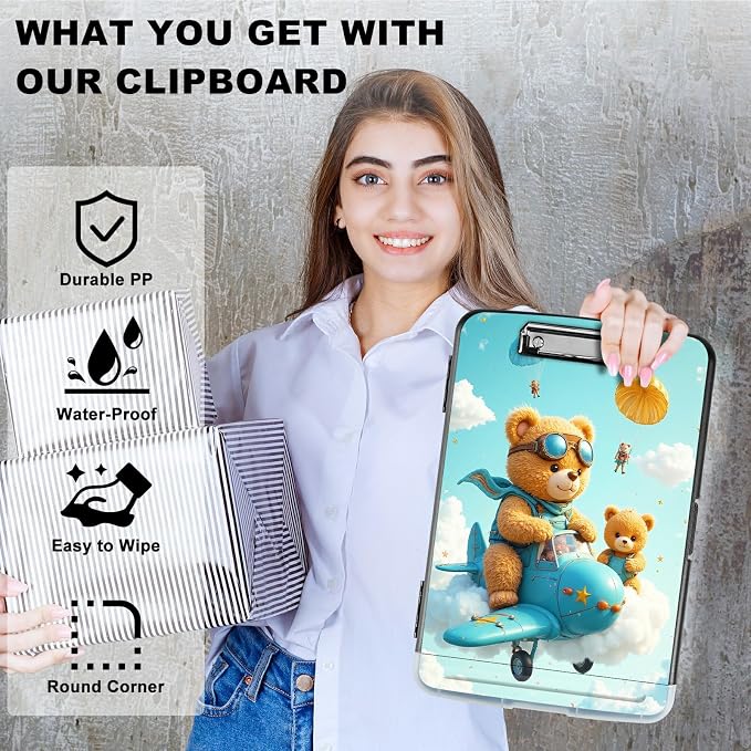 A4 Clipboard with Storage Pen Holder, Clipboards Organizer Nursing Clipboard Foldable File Folder Plastic Clipboard Folio Clip Board for Office Work Classroom Doctor, Airplane Bear
