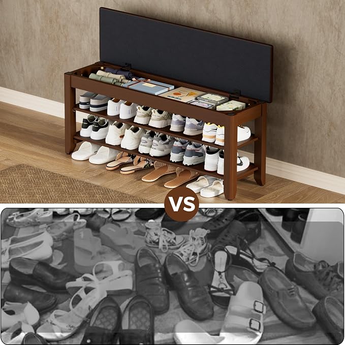 Homleke 39.4" Wide Solid Wood Shoe Rack Bench with Flip-Top Storage | 2-Tier Entryway Bench with Cushion, Adjustable Shelf, Holds Up to 10 Pairs, for Hallway, Bedroom and Closet, Walnut