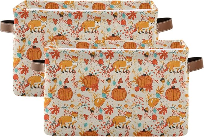 Fall Pumpkin Fox Storage Basket with Waterproof Liner and PU Handles Autumn Maple Leaves Berry Storage Bins Boxes 14.2" Collapsible Decorative Organizer Baskets for Bedroom Closet Office 2 Pack
