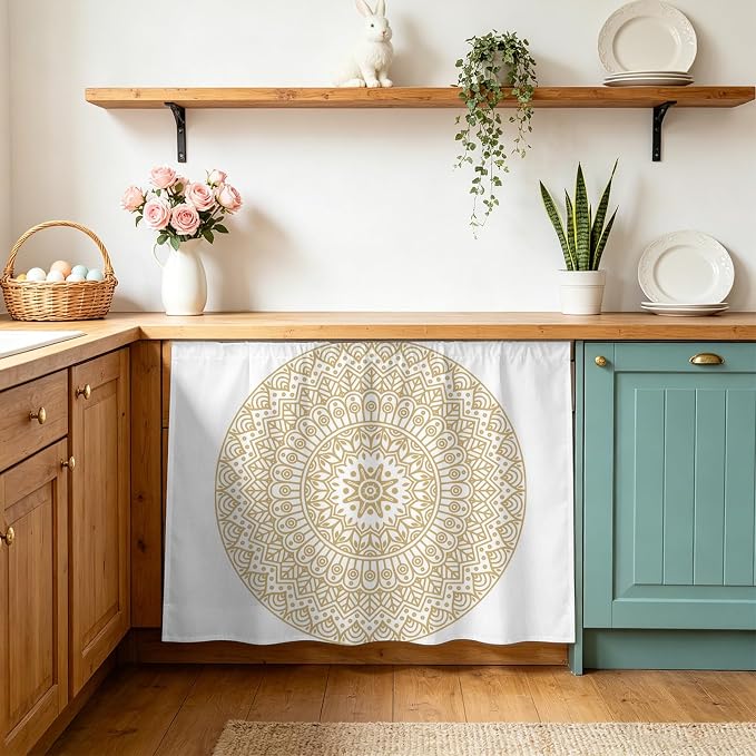 Beige Boho Cabinet Curtain 28"Wx35"L,Dustproof Under Sink Skirt W/ Self Adhesive Tape,Retro Farmhouse Ethnic Abstract Geometric Art Cabinet Curtain Cover for Bathroom Vanity,Kitchen Sink,Laundry Room