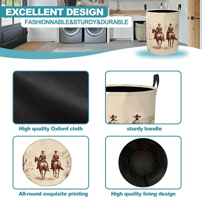 Western Cowboy Dirty Clothes Hamper,Foldable Laundry Basket with Handles,Desert Horse Waterproof Oxford Cloth Storage Bin for Bedroom Bathroom Nursery,16 x 20 Inch