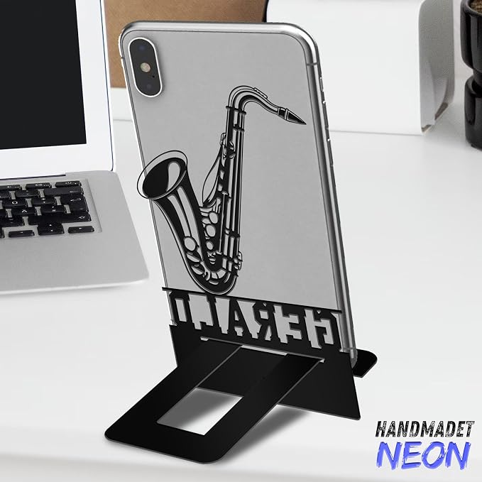 Personalized Saxophone Cell Phone Holder, Custom Name Musician Desk Stand, Metal Instrument Dock, Smartphone Stands, Music Decor Gifts For Friends, Musical Lovers, Christmas