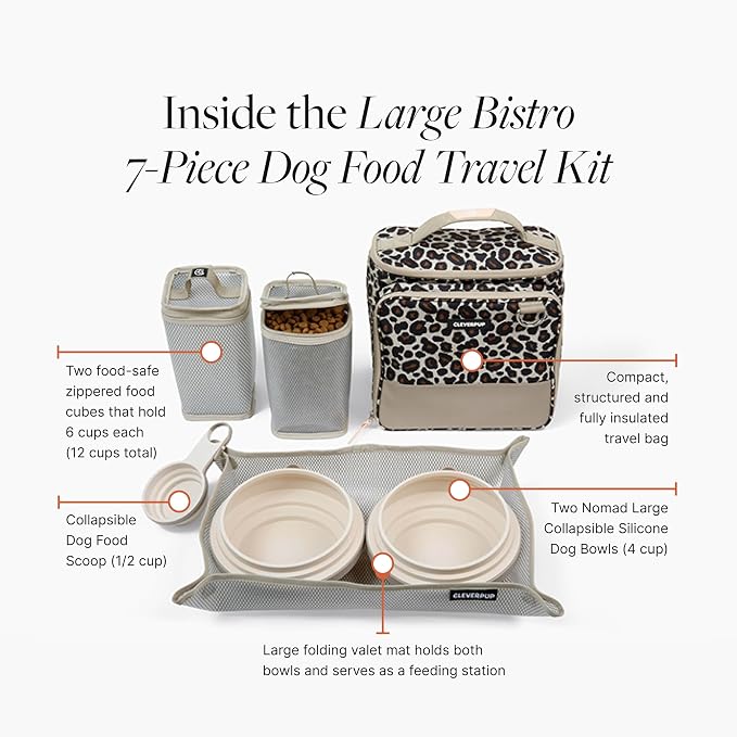 Large 7-Piece Bistro Box Dog Food Travel Kit, 12-Cup Kibble Storage, 2 Silicone Bowls, Mat & Scoop - Premium Portable Pet Food Kit for Weekends, Overnights, Daycare & Camping, Leopard