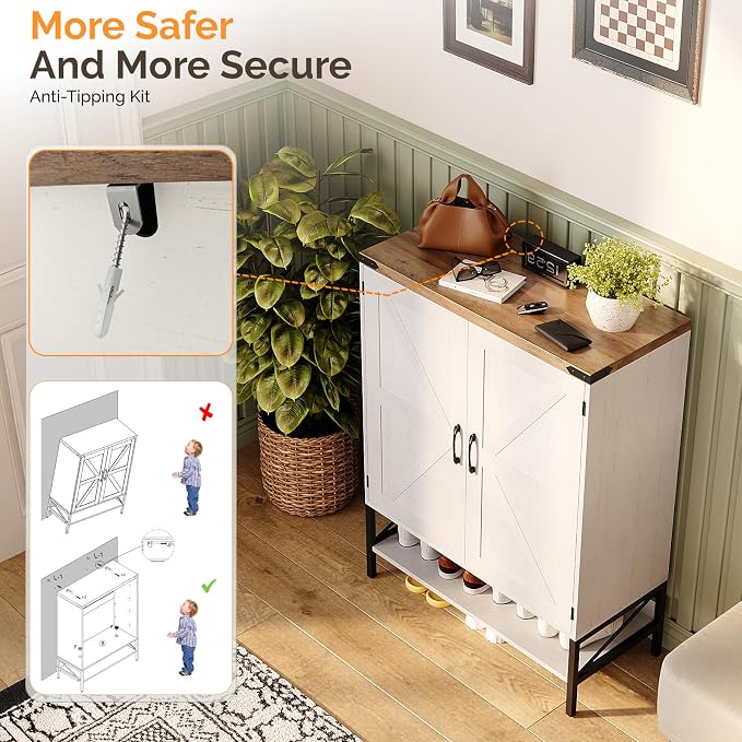 VINGLI Farmhouse Shoe Cabinet for Entryway, 32" Antique White Shoe Storage Cabinet with 2 Barn Doors, Large Capacity Shoe Organizer with Adjustable Shelves for Foyer, Bedroom, Closet