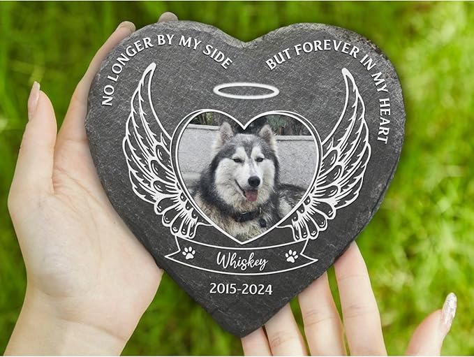Wrappiness Pet Memorial Stone - No Longer by My Side Forever in My Heart, Personalized Dog Memorial Gifts, Remembrance Condolence Gifts for Loss of Pet Custom Photo (Heart 04, Stone with Stand)