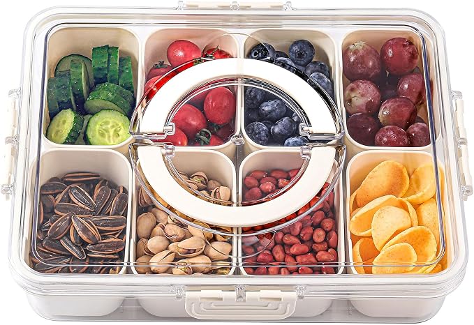 Snackle Box Snack Container Tray with Lid, Divided Serving Tray with Handle | Portable Snack Platter Fruit Veggie Trays Snackele Box Containers for Charcuterie, Party, Snack, Nuts, Beach, Travel, Picnic