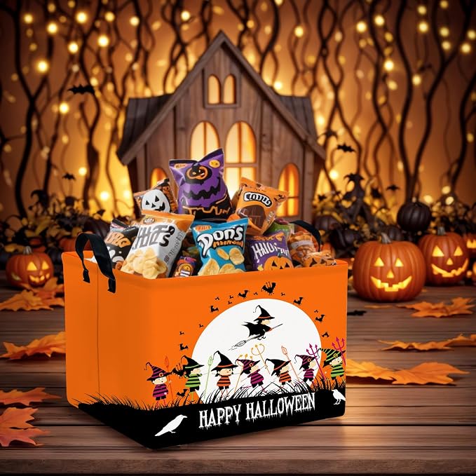 Halloween Basket Gift Cute Pumpkin Ghost Parties Decor Kid Trick or Treat Basket for Boys and Girls Rectangular Storage Bin Box (Witch)
