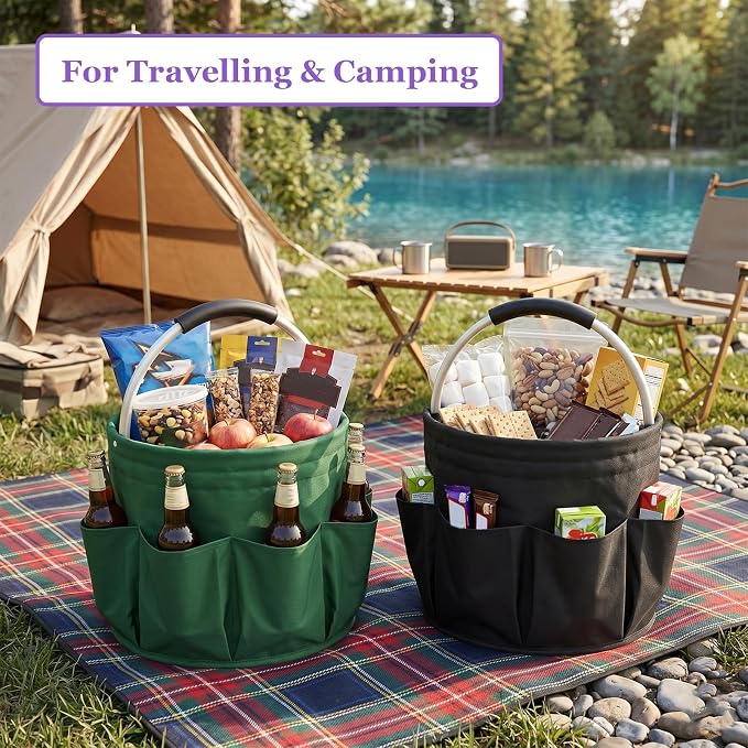 2PCS Cleaning Caddy, 17L Collapsible Cleaning Supply Caddy with Handle, Foldable Tool Bucket Organizer with Outer Pockets, Storage Basket for Travel, Housekeeping, RV, Green + Black