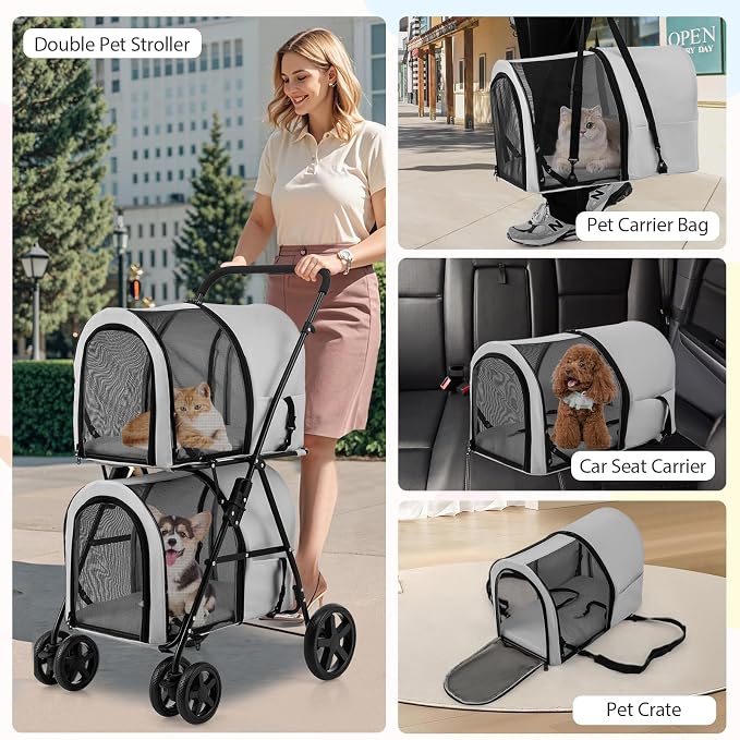 Giantex Double Pet Stroller with 2 Detachable Carrier Bags, Safety Belt, 4 Lockable Wheels, Folding Cat & Dog Stroller for Small Medium Pets, Cats Dogs Puppy Travel Strolling Cart (Gray)