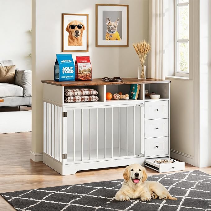 Heavy Duty Dog Crate Furniture, 48 Inch Modern Wooden Dog Kennel Indoor with Storage & 6 Drawers, Hidden Bowl, Sliding Lock End Table for Medium to Large Dogs