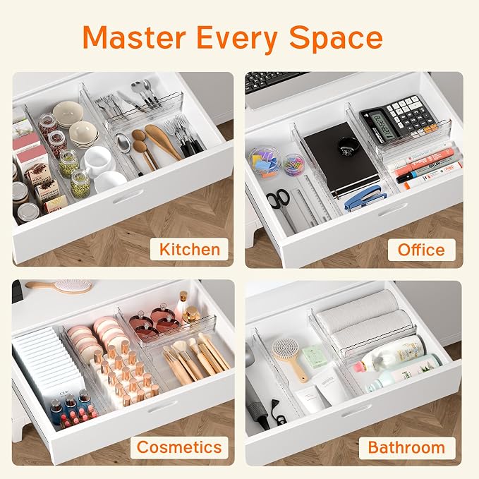 8 Pack 2.36" High Shallow Drawer Dividers, 12.5"-21.3" Expandable | Adjustable Kitchen Drawer Organizer, Clear Plastic Separator for Utensils, Flatware, Cutlery, Socks & Underwear Storage