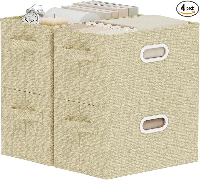 Storage Bins with Metal Grips,Grey and Beige,13x9.1x7.9in,4 Pack | Fabric Storage Baskets with Soft Cloth Handles,Thick PP Panel Wardrobe Containers,Wipeable Open Boxes for Closet Shelves