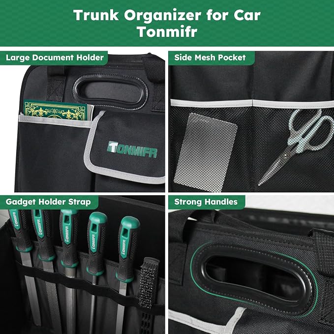 Heavy-Duty Trunk Organizer & Multi-Compartment Storage Box for SUV/Sedan/Minivan,600D Waterproof Oxford,2 Securing Hooks & Reflective Strips-Large Capacity Organiser(92L)