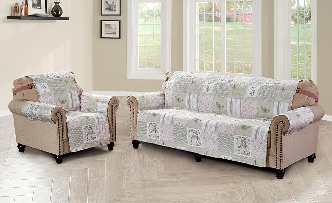Brilliant Sunshine Grey Cupid & Pink Roses Couch Armchair Cover, 23" seat | Quilted Sofa Cover, Living Room & Bedroom Furniture Protector, Washable Chair Slipcover for Pets, Dogs & Cats