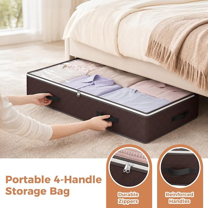 6 Pack 95L Under bed Storage Containers Brown | Underbed Storage Bags for Blankets, Towels, Comforter, Sweaters, Linen Sheets, Wrapping Paper
