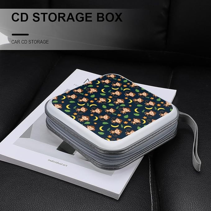 Hard Plastic CD/DVD Organizer Animal Print Monkey, 40-Disc Storage Binder with Zipper, Portable Protective Case for Car Office
