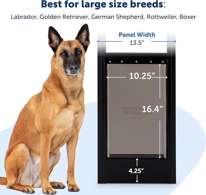 PetSafe Sliding Glass Pet Door, 1 Piece, Large Dogs to 100 lbs, Black | Adjustable Height 75 7/8 to 80 11/16 Inches, No-Cut DIY Install into Existing Track, Magnetic Flap, Durable Aluminum Frame