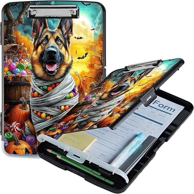 A4 Clipboard with Storage Pen Holder, Clipboards Organizer Nursing Clipboard Foldable File Folder Plastic Clipboard Folio Clip Board for Office Work Classroom Doctor, Pumpkin Puppy