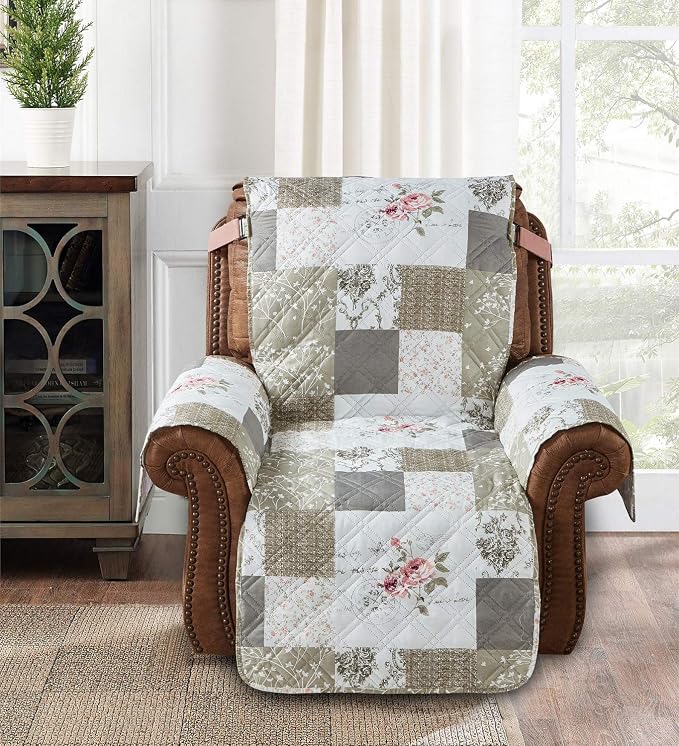 Brilliant Sunshine Pink Rose & Grey Toile Couch Recliner Cover, 26" seat | Quilted Sofa Cover, Living Room & Bedroom Furniture Protector, Washable Reclining Chair Slipcover for Pets, Dogs & Cats