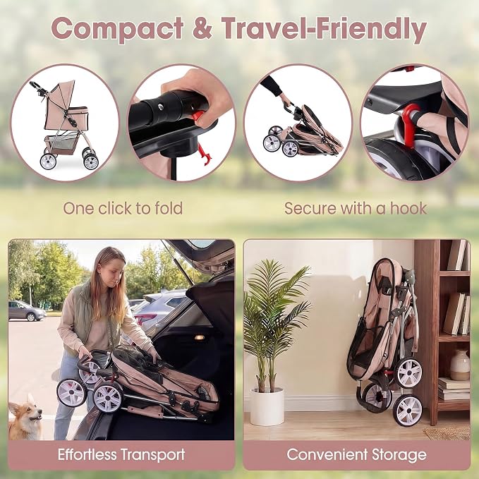 Giantex Foldable Pet Stroller for Small Dogs & Cats, Lightweight Dog Stroller with Lockable Wheels, One-Hand Quick Fold, Adjustable Canopy, Safety Leash & Storage Basket, Pet Travel Stroller, Beige