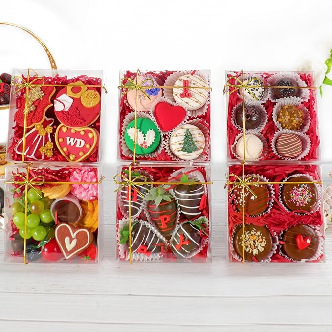 RomanticBaking 50PCS 5x5x2 Inches Full Clear Bakery Boxes Party Favors | Transparent Gift Box for Chocolate Covered Strawberries,Mini Cake,Cookies,Macaron,Pie,Cakesickle &More