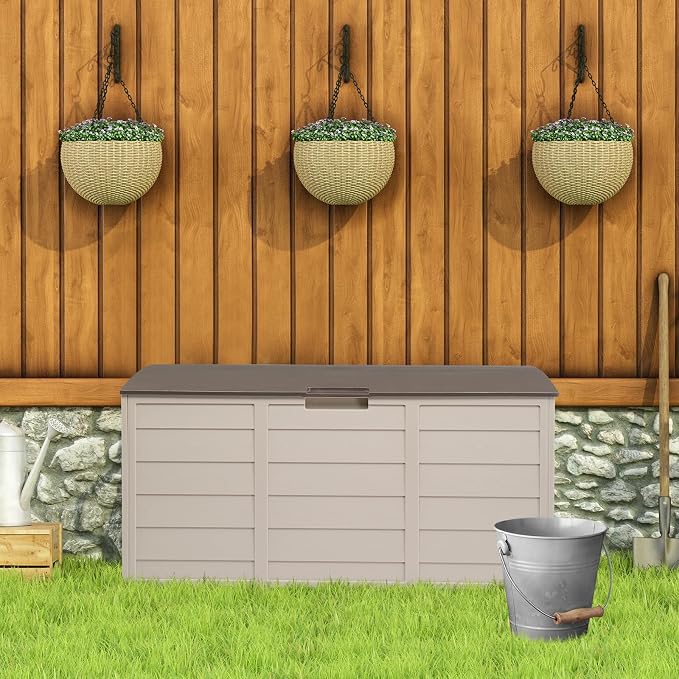 75 Gallon Brown Outdoor Storage Box with Wheels, Waterproof Resin Deck Box for Patio Cushions & Garden Tools, Rolling Garden Storage Bin, Weather Resistant Trunk