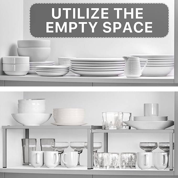 Simple Houseware Cabinet Counter Shelf Organizer w/Steel Surface, Silver | Expandable & Stackable 9" D x 12.75" W x 5.9" H