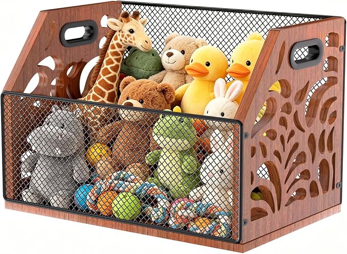 Wooden Mesh Dog Toy Storage Bin with Handles for Pet Supply & Toys | Large capacity holds plush toys, balls, leashes & treats. Clear scattered clutter effortlessly and keep your home tidy.