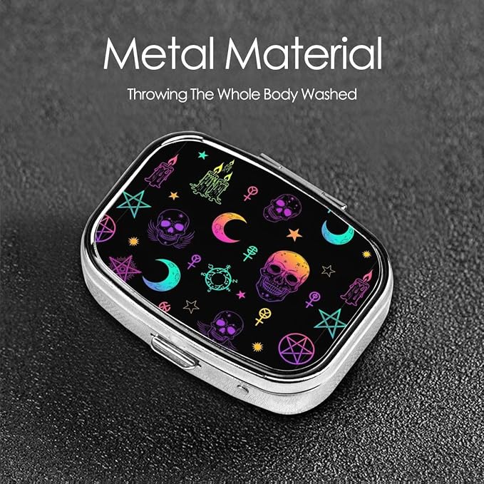 Travel Pill Case Organizer Pocket-Sized Vitamin Holder Fish Oil Container Men Women On-The-Go, Witch Frogs Goth Moon Skull Mushroom