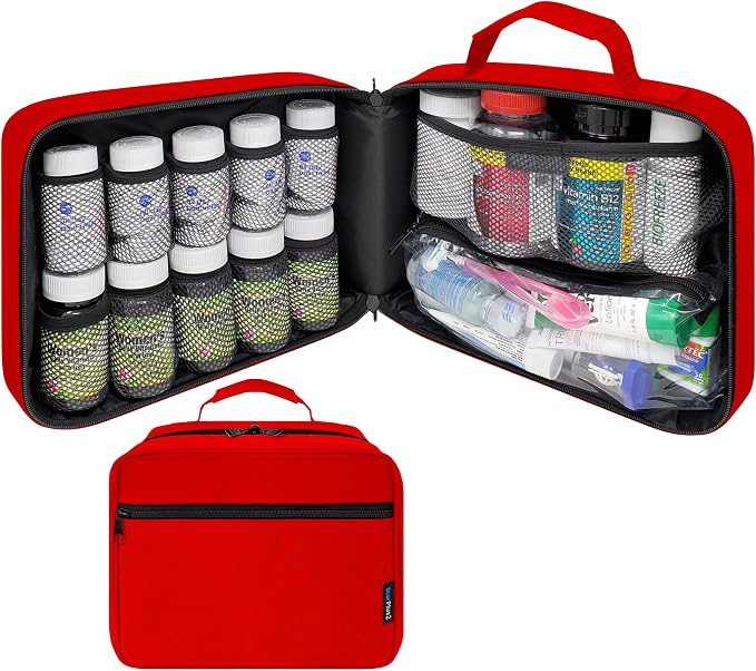 Large Pill Bottle Organizer & Medicine Bag for Travel, Red | Prescription bottle organizer with 10 bottle pockets and padded storage for medication bottles, supplements, vitamins