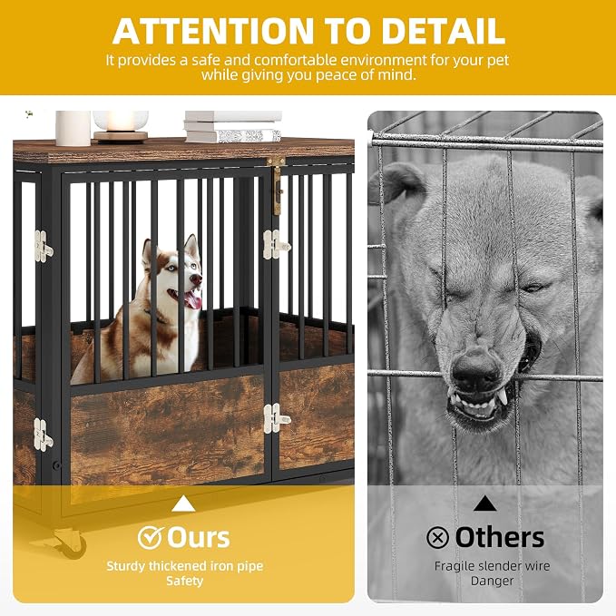 DWVO 43 Inch Dog Crate Furniture with Wheels & Double-Doors | Dog Kennel Indoor Furniture End Table, Farmhouse Decorative Wooden Dog Cage Table, Chew-Resistant, Rustic Brown