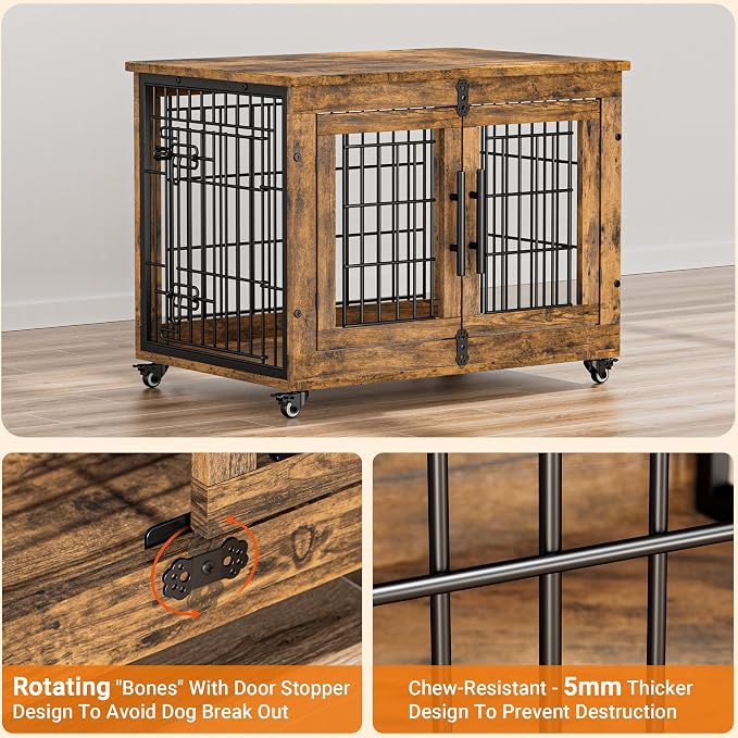 Medium Dog Crate Furniture, 32'' Heavy Duty Kennel w/Cushion & Wheels | Rustic Brown, Double Doors, Wooden Dog Cage, Chew-Resistant, End Table, Decorative, 27"/32"/38"/44" Options, Indoor