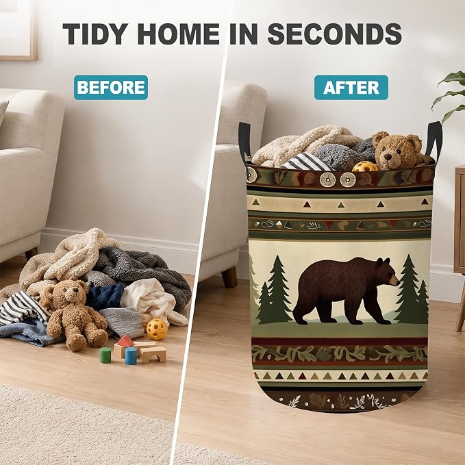 Laundry Hamper,Rustic Bear Forest Collapsible Laundry Basket with Handles,Lodge Cabin Waterproof Oxford Cloth Clothes Organizer for Bedroom Bathroom Dorm Nursery,16 x 20 Inch