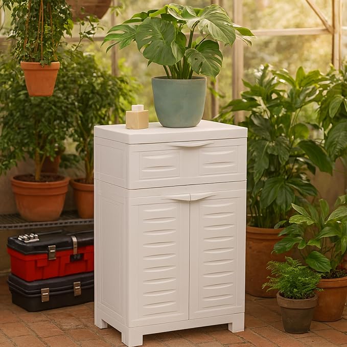 Sunnydaze 34.5" Garage Storage Cabinet with Adjusting Shelf, Speckled White | Heavy Duty Resin Storage Cabinet Resists Rust & Peeling, Utility Cabinet with Drawer & Anti-Tip Kit for Laundry, Office