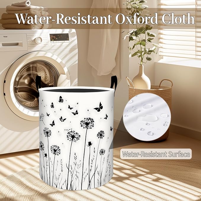 Dandelion Laundry Basket, Butterfly Floral Print Foldable Oxford Cloth, Waterproof Dirty Clothes Hamper with Handles, Clothing Storage Bin Toy Organizer for Bedroom Dorm Bathroom, 19.7"x15.7"