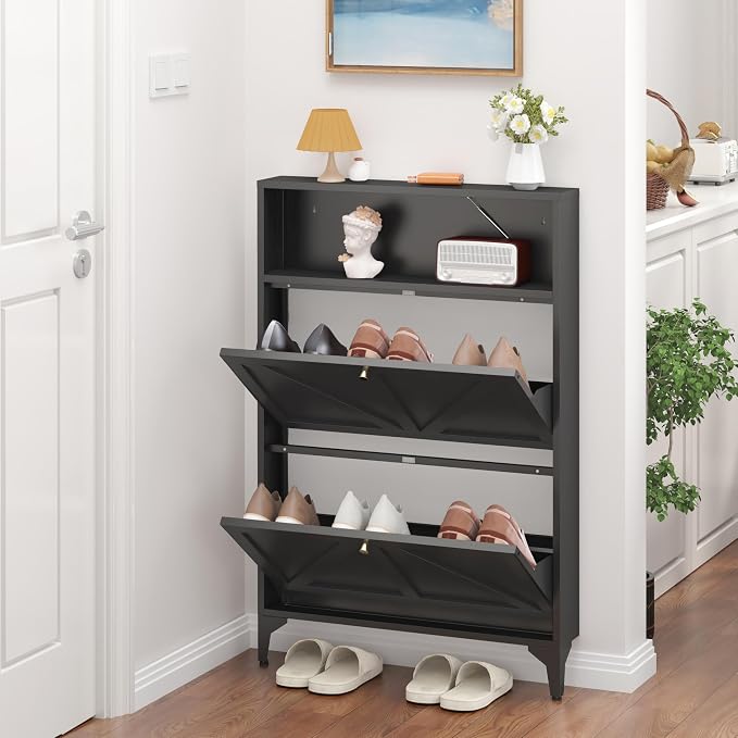 Shoe Cabinet with 2 Flip Drawers, Narrow Shoe Storage Cabinet, Farmhouse Shoe Organizer, Freestanding Organizer with Metal Legs for Entryway, Foyer (Black, 2 Door)