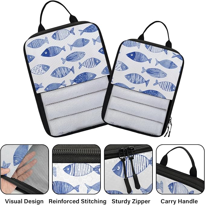 TropicalLife Nautical Fish Print 6 Set Compression Packing Cubes | Compressible Expandable Luggage Suitcase Organizer Bags Space Saver Bags for Carry on