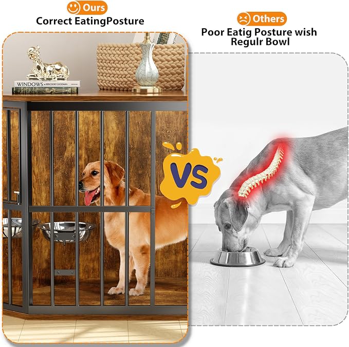 APRILSOUL 42 inch Furniture Dog Crate Corner, Wooden End Table with Bowl, Indoor Pet Crate Side Table for Dogs, Wide Top Perfect for Limited Room