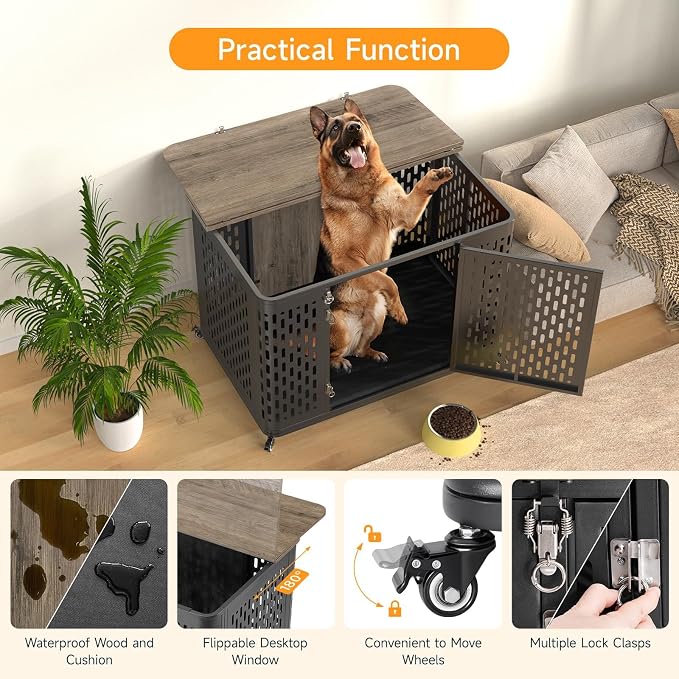 ONBRILL 43.7" Dog Crate Furniture with Cushion, Flip-Top Access and Wheels | Heavy-Duty Construction Supports Everyday Use, while Flip-Top Access Makes Feeding and Cleaning More Convenient