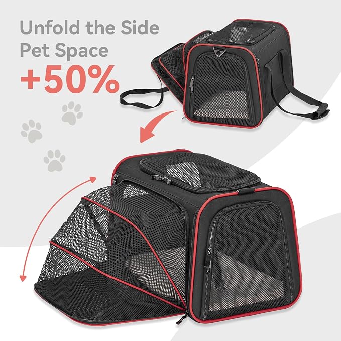Petsfit Large Expandable Cat Carrier for Travel, Up to 18 lb | 19 x 12 x 12 in; roomy expandable space with a reinforced frame, locking zippers, interior safety tether and large pocket.