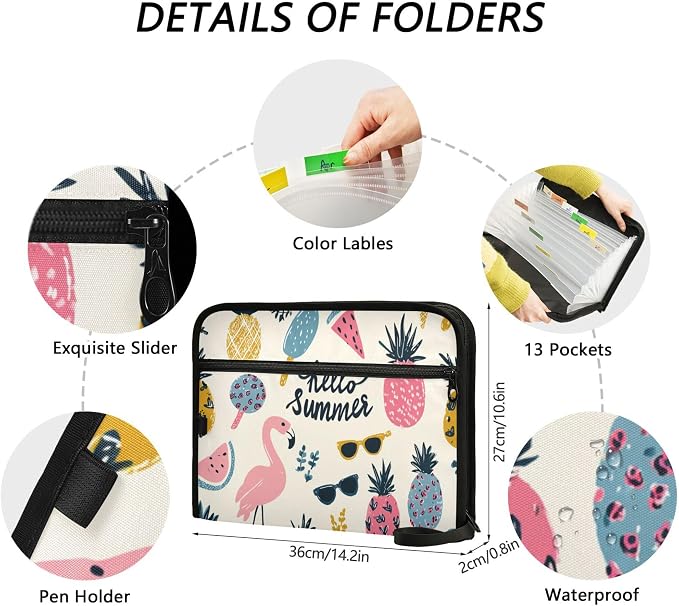 Hello Summer Playful Tropical Doodles Expanding File Folder with Sticky Labels, 13 Pockets Accordion File Folder Document Organizer Expandable Zip File Folder with Zipper Closure