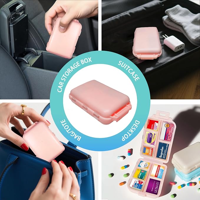 Pill Organizer 3 Pack with 146x3 Medicine Labels, Pink Blue Purple | Set of 3 travel pill cases with 10 compartments each and 146 medicine labels for 7-day planning, daily use, work, and trips