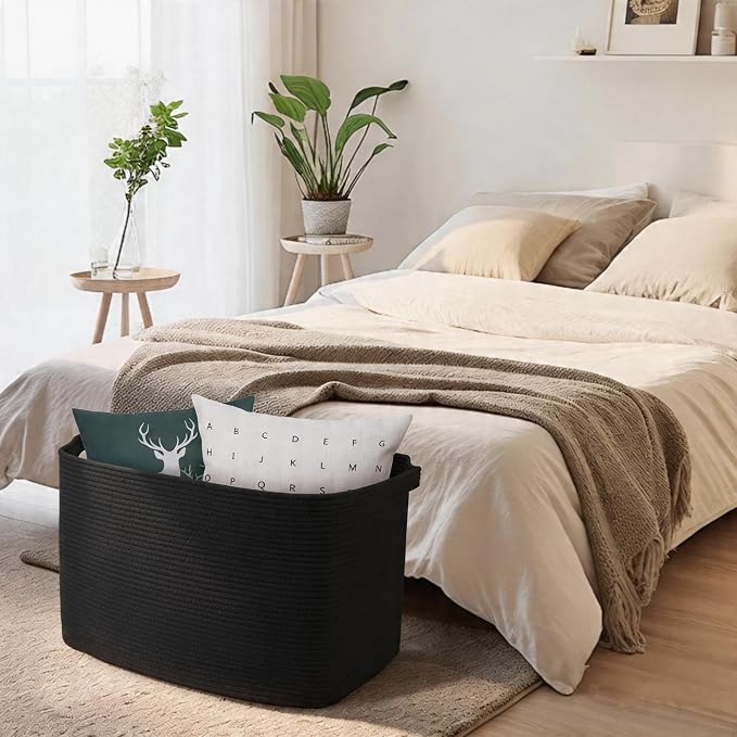 Extra Large Basket for Blankets, 23.6" x 17" x 12" Black Blanket Storage for Living Room, Big Cotton Rope Pillow Holder, Rectangle Kid Dog Toy Bin Box, Woven Laundry Basket, Shoe Bin Entryway