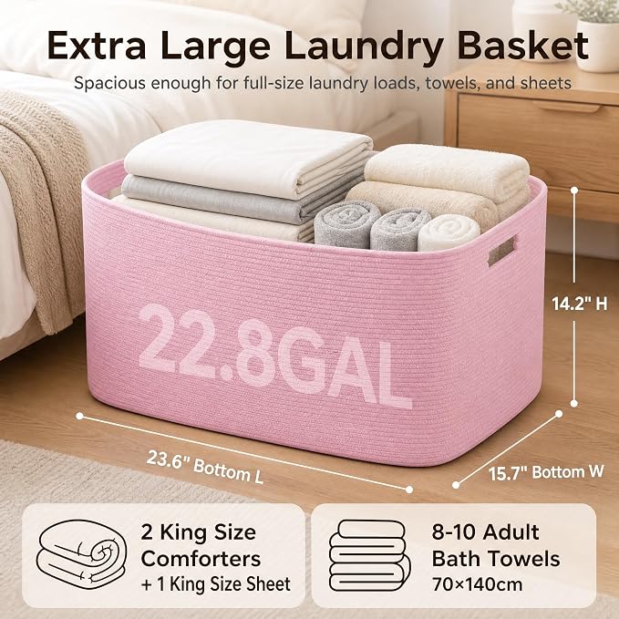 Cotton Rope Laundry Basket Extra Large, 22.8GAL Collapsible Woven Storage Baskets for Living Room Kids Toys Stuffed Animal,Boho Rectangular Decorative Hamper for Dirty Clothes, Blankets Light Pink