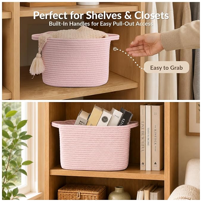 XUANGUO Woven Cotton Rope Storage Basket with Handles 13x10x9 inch Pink | Woven cotton rope basket for shelves and closets. Perfect for toys, books, clothes, nursery storage and gift baskets.