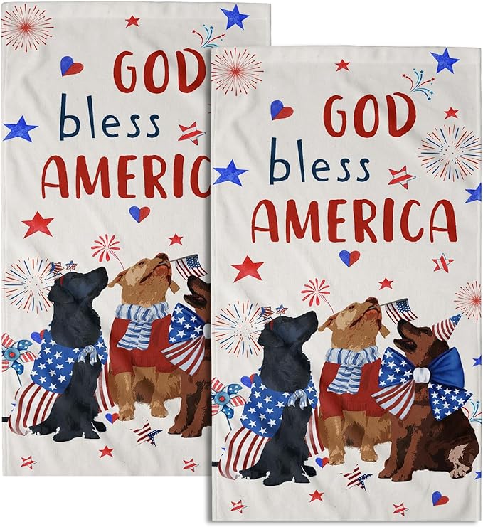 Giwawa 4th of July Patriotic Dogs Hand Towels Set of 2 American Independence Day Kitchen Towels Absorbent Washcloth Towel for Home Holiday Decor