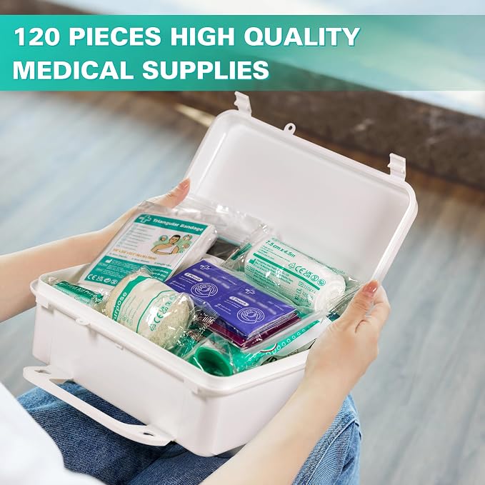 General Medi 120 Pieces Hardcase First Aid Kit - First Aid Box Includes Instant Cold Pack, Emergency Blanket for Travel, Home, Office, Vehicle, Camping, Workplace & Outdoor