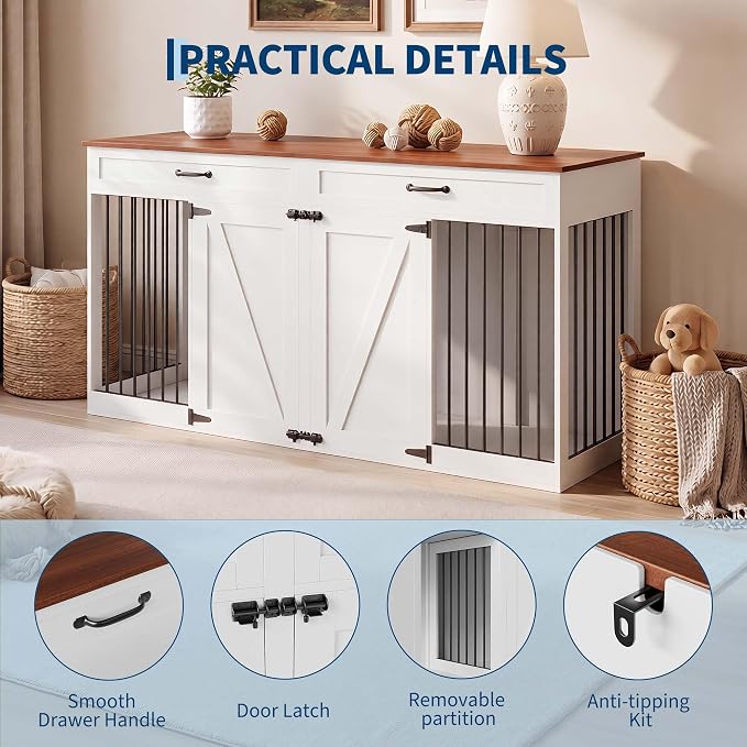 Garvee 71'' Dog Crate Furniture for 2 Dogs, Dog Crate with 2 Drawer, White | Farmhouse Dog Crate TV Stand with Removable Divider Dog Kennel Furniture, Heavy Duty Dog Cage and TV Stand for Large Medium